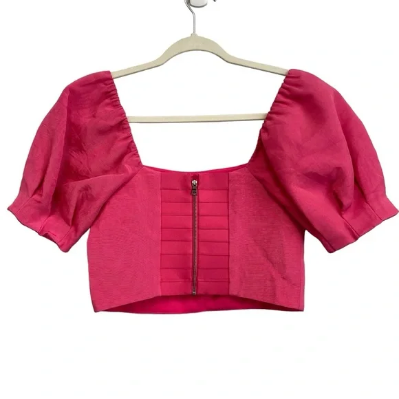 Alice + Olivia Joslyn Puff Sleeve Cropped Top in Wild Pink Size 2 - Picture 8 of 14